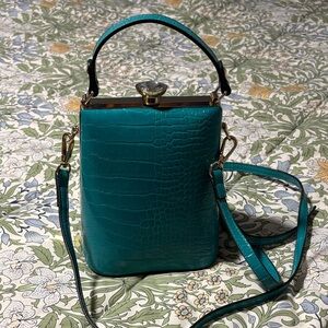 Teal Crocodile-Look Hard Sided Crossbody Handbag with Jeweled Closure